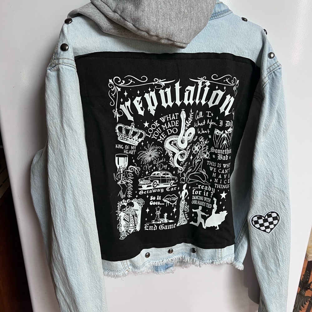 Graphic Upcycled T Swift “Reputation”Denim Jacket with Black and White Design.